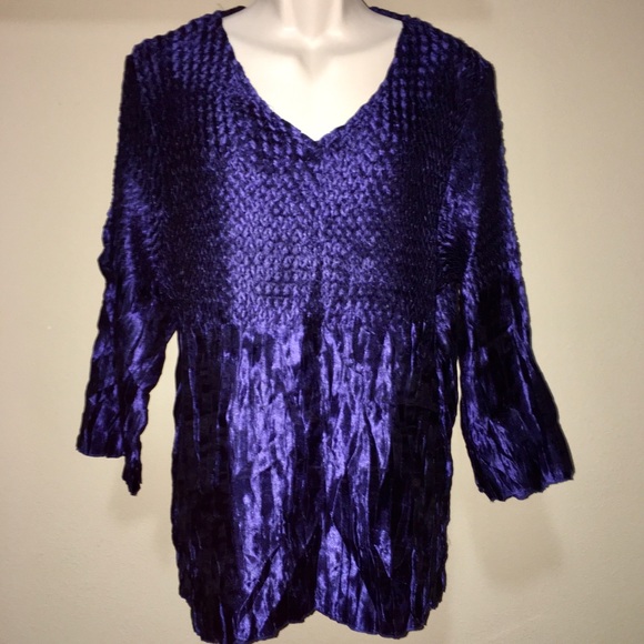 CATO SHINY BLUE LONG SLEEVED TOP WITH WOVEN PATTERN - Picture 1 of 6
